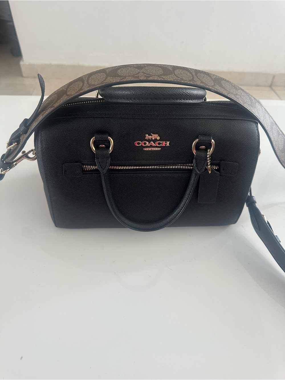 COACH Black Leather Satchel with Signature Canvas Strap